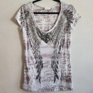 Miss Me Shirt Womens Large Purple Gray Wing Sequin Embellished Boho Angel Tee